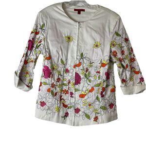 Joni B.  Women's White Embroidered  Floral Jacket Sz M Zip Front Vibrant‎